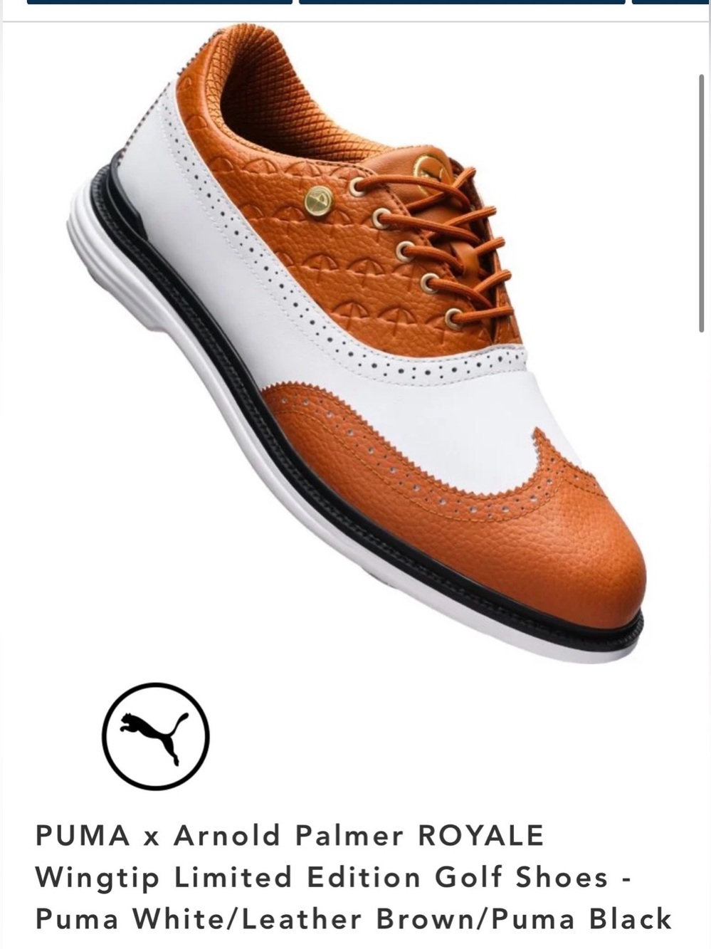 NWT PUMA x Arnold Palmer ROYALE Wingtip Limited Editn Golf Shoes Wht/Brn/Blk 10